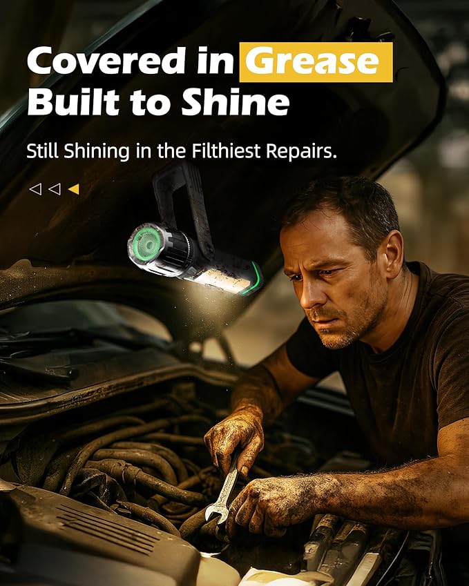 FORTO Rechargeable Work Light 2000LM Magnetic Flashlight, IPX8 Waterproof, 5000mAh, 240° Rotating Handle, for Garage, Camping, Car Repair, Hiking, Power Outage, Jobsite, Emergency (Green)