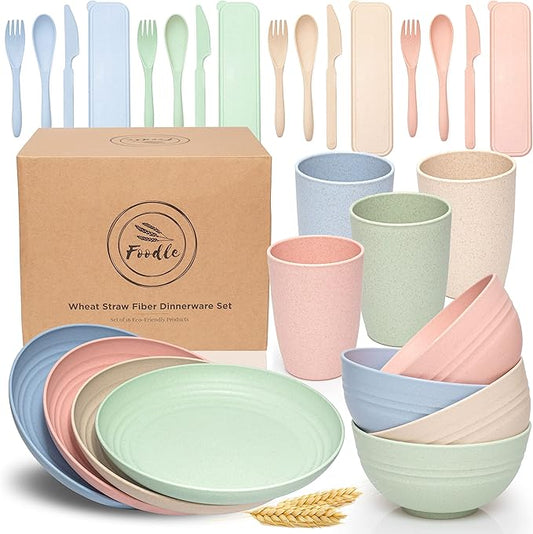 FOODLE Wheat Straw Dinnerware Set - BPA Free & Safety Tested - Dishwasher & Microwave Safe - Toddler & Kids Plates and Bowls Sets - Plastic Plates Reusable - Perfect for RV, Camping Dishes - For 4