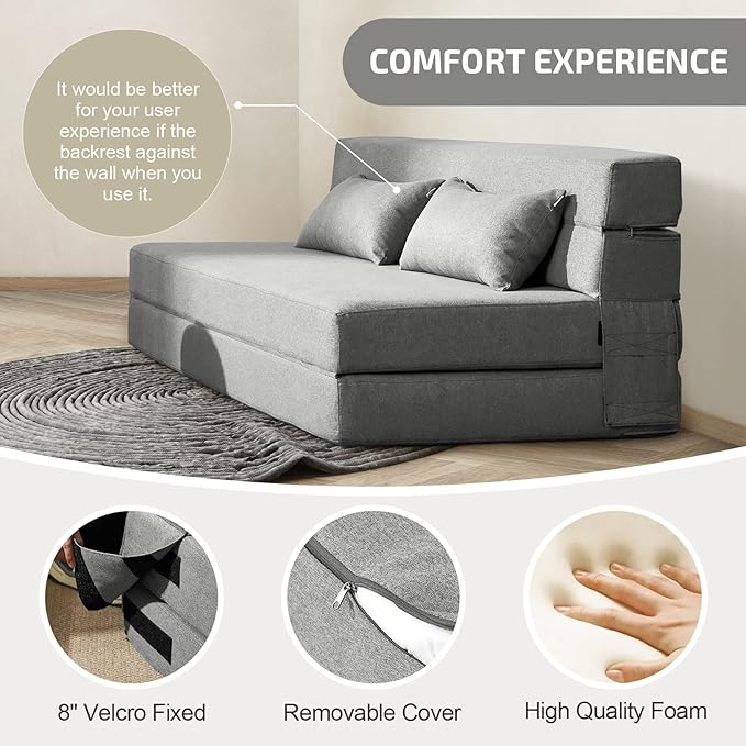 Folding Sofa Bed with Pillows- Convertible Chair Floor Couch & Sleeping Mattress, Foldable Memory Foam Sleeper for Living Room/Dorm/Guest Room/Home Office/Apartment/Loft, Queen, Light Gray