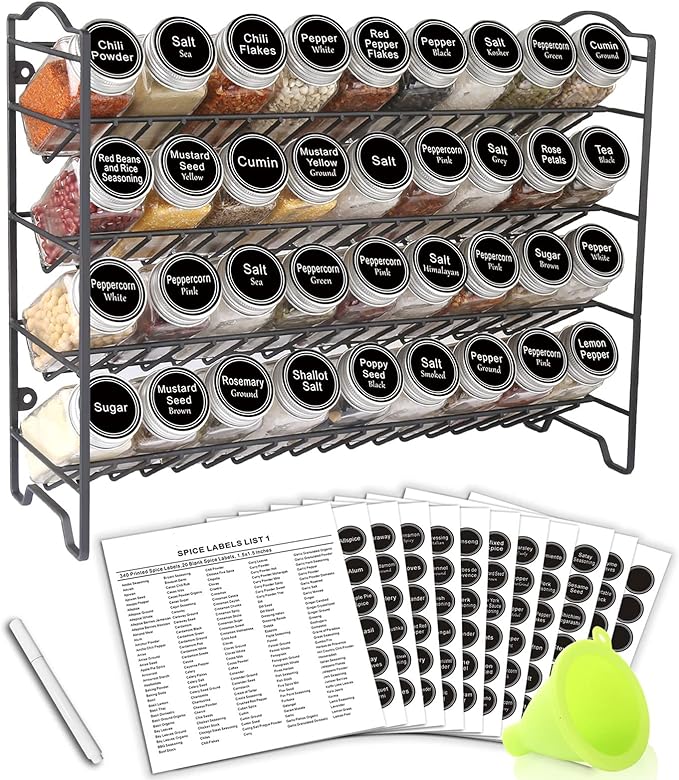 SWOMMOLY Spice Rack Organizer with 36 Empty Square Spice Jars, 396 Spice Labels with Chalk Marker and Funnel Complete Set, for Countertop, Cabinet or Wall Mount, Black