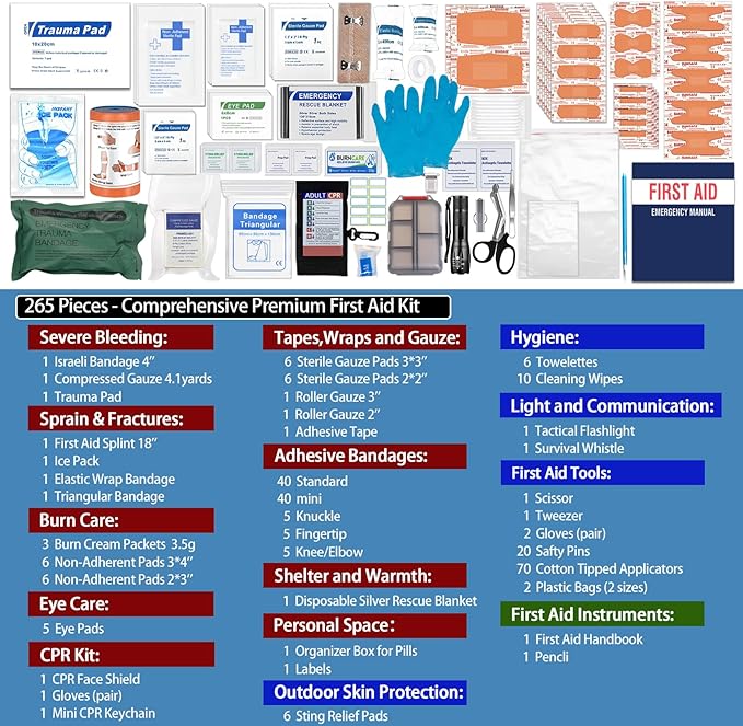 Comprehensive First Aid Kit -Labeled Compartments for Trauma & Emergencies, Compact Emergency Kits for Car, Boats, Camping, Hurricanes and Outdoor Emergencies Survival -265 Piece
