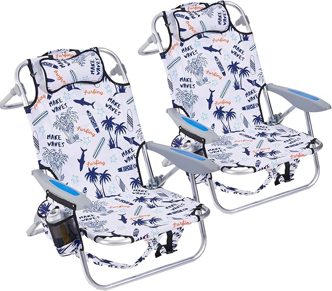 2 Pack Lightweight Portable Camping Beach Chair for Adults, Outdoor Lay Flat Folding Chairs, Backpack Chair with Towel Bar, Cooler Pouch, Cup Holder, White Geometry