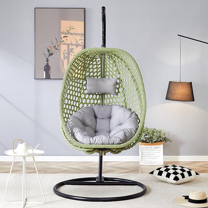 JUFU Egg Swing Chair with Stand for Outdoor and Indoor, Patio Hanging Basket Chair with Cushions and Pillow, Hammock Chair for Bedroom, Balcony, Garden,Durable Aluminum Steel Frame