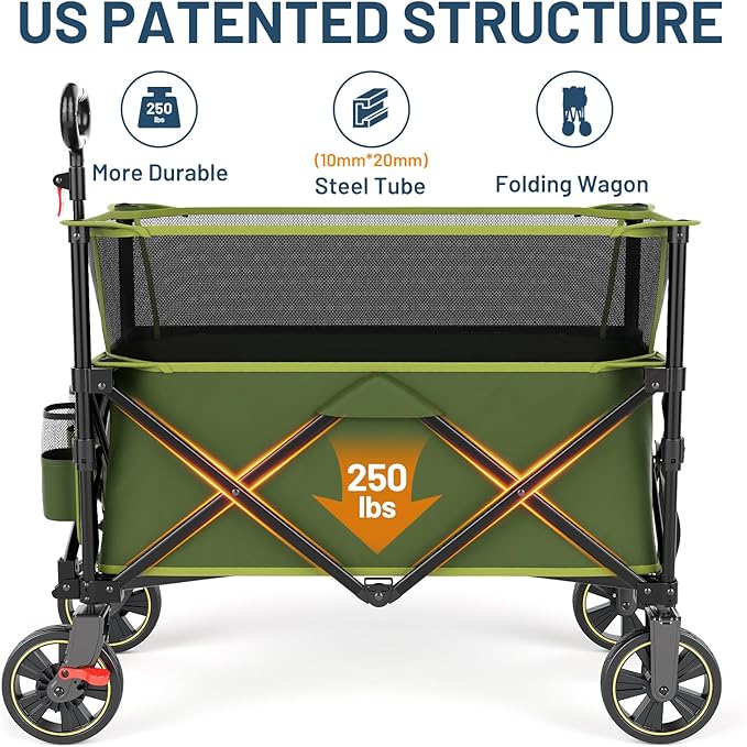TIMBER RIDGE 350L Extra Large Collapsible Folding Wagon Carts with Brake, Heavy Duty Outdoor Camping Utility Wagons with Extended Height, Adjustable Handle, Cup Holders, Side Bag(Green)