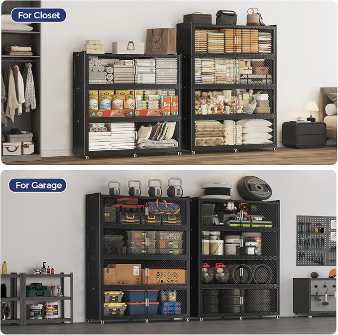 240GAL Extra Large Stackable Storage Bins with Lid, 960QT Plastic Closet Organizer and Storage Cabinet with Wheels and Doors, Folding Storage Box Container for Home Organization, 3Pack Black