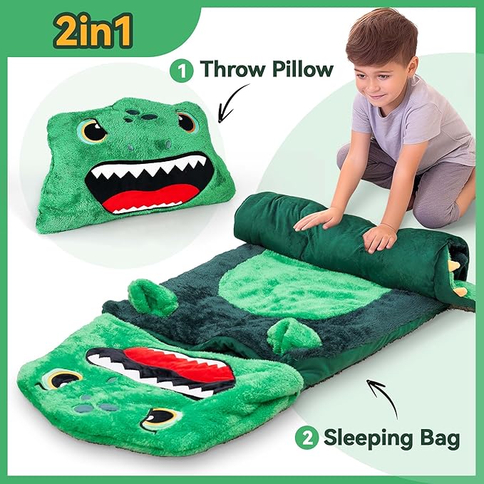 iPlay, iLearn Kids Dinosaur Sleeping Bag, Toddler Boy Dino Nap Mat, Plush Animal Slumber Bag 2 In 1 Pillow Daycare Preschool Kindergarten Birthday Gift Travel Sleepover 3 4 5 6 7 8 10 12 Yr Child Teen