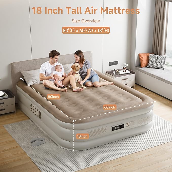 Air Mattress Queen with Built-in Pump 18", Comfortable Self-Inflating Air Mattress with High-Speed Pump, Durable Blow Up Mattress Queen with Storage Bag for Guests, Camping, Travel