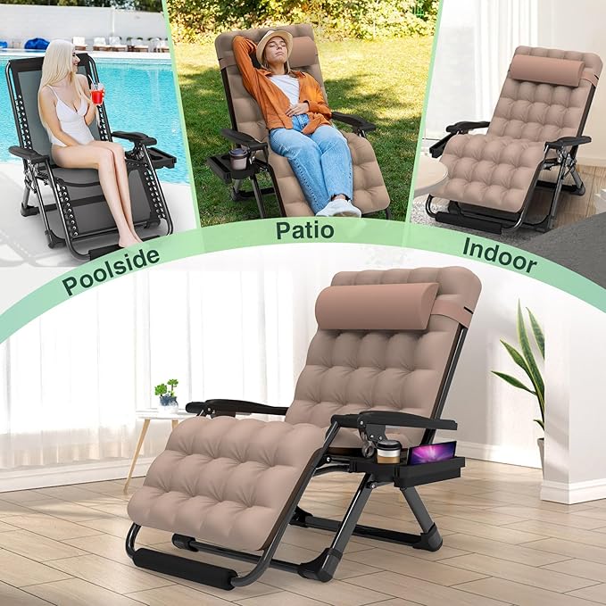Suteck Oversized Zero Gravity Chair,33In XXL Lounge Chair w/Removable Cushion&Headrest, Reclining Camping Chair w/Upgraded Lock and Footrest, Reclining Patio Chairs Recliner for Indoor Outdoor,500LBS