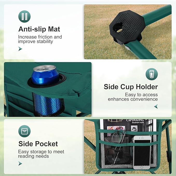 LET'S CAMP Camping Chair 2 Pack Folding Chair with 3-Can Cooler Bag Portable Lawn Chair with Cup Holder,Storage Pocket, Supports 225LBS, Collapsible Chair for Camp, Beach, Picnic (Green)