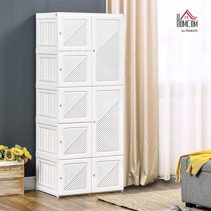 HOMCOM Portable Wardrobe Closet, Folding Clothes Storage Organizer with 6 Cube Compartments, Hanging Rod, 8 Magnet Doors, White