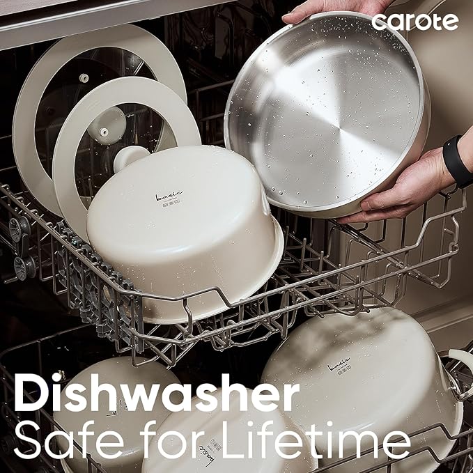 CAROTE 14pcs Pots and Pans Set, Stainless Steel Cookware Set Detachable Handle, Induction Kitchen Cookware Sets with Removable Handle, RV Cookware Set, Oven Safe, Camping Cookware, White