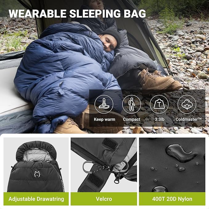 ATEPA Down Sleeping Bag, Recycled 650FP 4 Season Summer & Winter Compact Rectangle Lightweight Waterproof Wearable Sleeping Bag with Compression Sack for Camping Backpacking Hiking