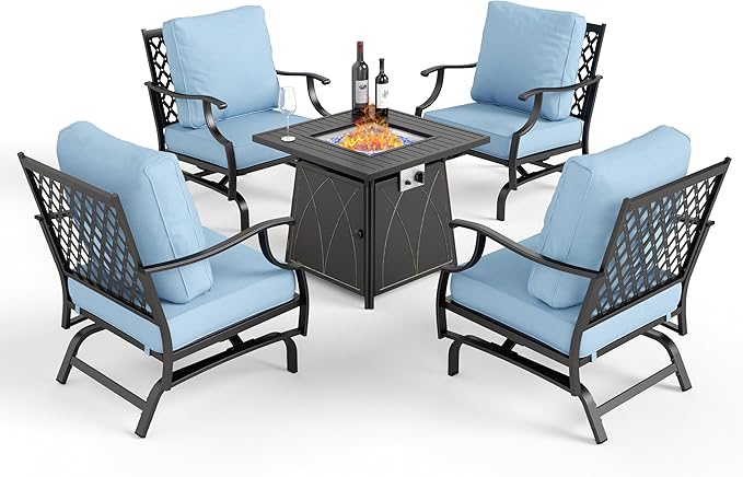 Patio Furniture Set with Fire Pit Table, 5 Pcs Metal Outdoor Conversation Set, 4 Rocking Chairs with 5.75" Extra Thick Cushion and 28" Fire Pit Table for Backyard Deck, Blue