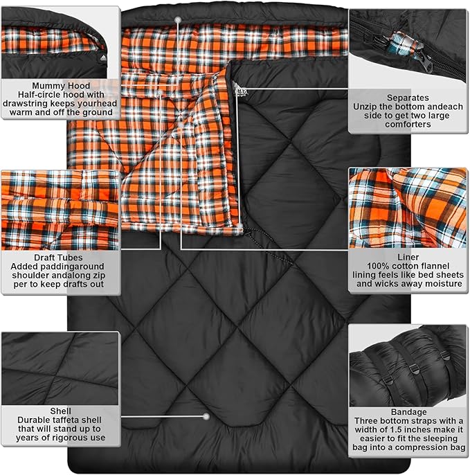 AGEMORE 0 Degree Double Sleeping Bag for Adults, Cotton Flannel Lined 2 Person Queen Size Warm Sleeping Bag for Family Winter Camping or RV Traveling