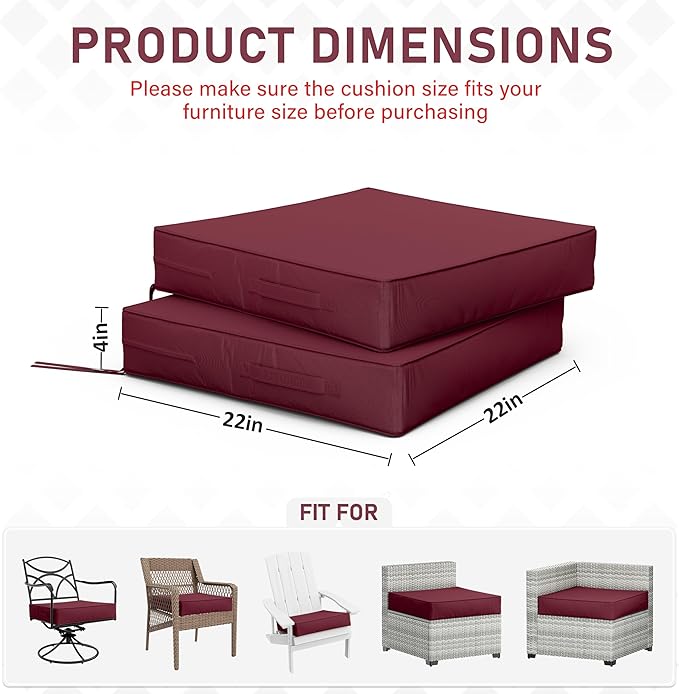 Patio Chair Cushions 22 X 22 X 4 Inch Waterproof Outdoor Seat Cushions for Patio Furniture, Outdoor Sofa Couch Pads with Ties & Handle, Set of 2, Burgundy