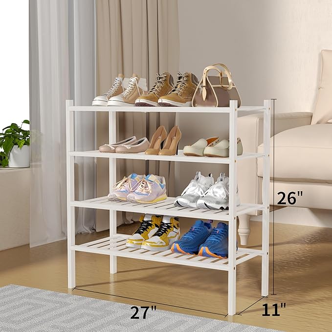 4 Tier Bamboo Shoe Rack for Closet Free Standing Wood Shoe Shelf for Entryway Small Space Stackable 27"x11"x26" (White)