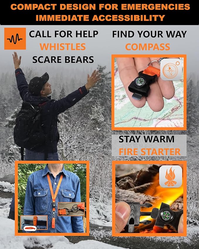 Hiking Whistle Safety Whistle with Compass, Fire Starter Survival Camping