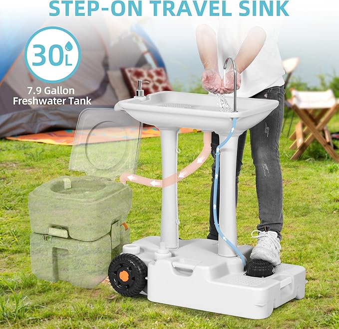 YITAMOTOR 30L Portable Camping Sink, Portable Hand Washing Station with Large Wheels, Foot Pump, Towel Holder & 5L Soap Dispenser for Outdoors, Garden, Gathering, Camping, Worksite, Camping, Outdoor