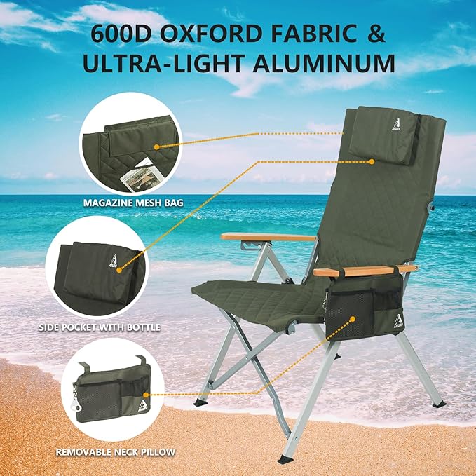 Reclining Camping Chair, Heavy Duty Folding Chairs with 4-Stage Adjustable High Back for Adults, Compact Foldable Outdoor Patio Reclining Chair with Storage Bag （Green）