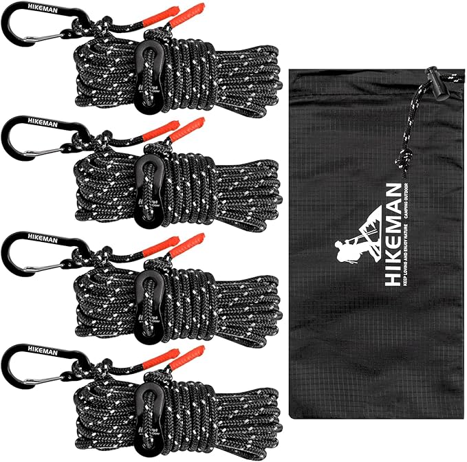 HIKEMAN Reflective Tent Rope Guyline - 4M Camping Guide Ropes,4mm Tent Guy Ropes Cord with Aluminum Tensioners Adjuster for Outdoor Camping Hiking Caravan Awning Tents (Black, 4mm)
