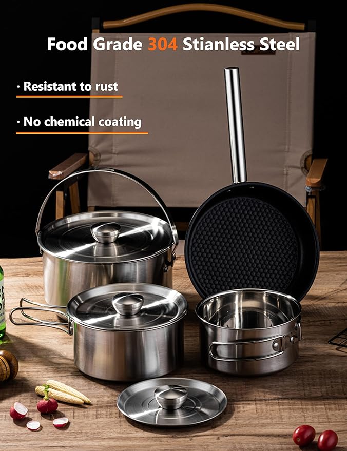 CampPro Camp Cooking Set for 4-8, Stainless Steel Camping Cookware Set, Camping Equipment with Carring Bag, Camping Pots and Pans Set for Campfire Cooking & RV & Backyard Picnic