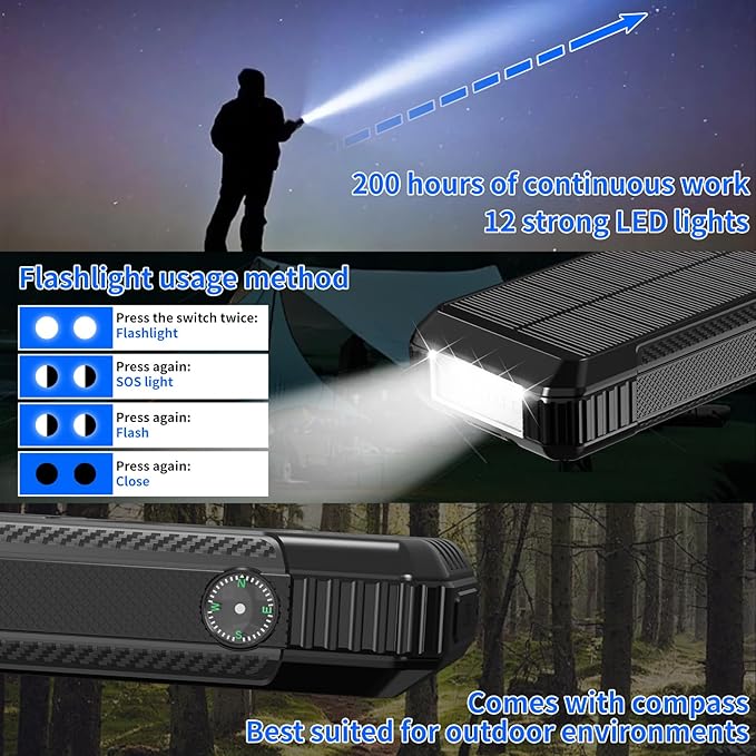 Solar Charger Power Bank 49800mAh, Portable Phone Charging Built-in 4 Cables 22.5W Fast Charging for Cell Phones, Type-C input/Output Port Solar Panel Charger with Dual Flashlights&Compass for Camping