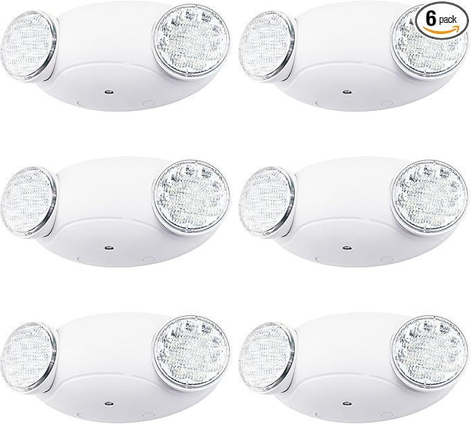 LIT-PaTH LED Emergency Lighting Fixtures with 2 LED Bug Eye Heads and Back Up Batteries- US Standard Exit Light, UL 924 and CEC Qualified, 120/277 Voltage, White, 6-Pack