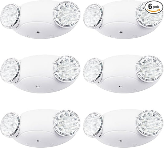LIT-PaTH LED Emergency Lighting Fixtures with 2 LED Bug Eye Heads and Back Up Batteries- US Standard Exit Light, UL 924 and CEC Qualified, 120/277 Voltage, White, 6-Pack