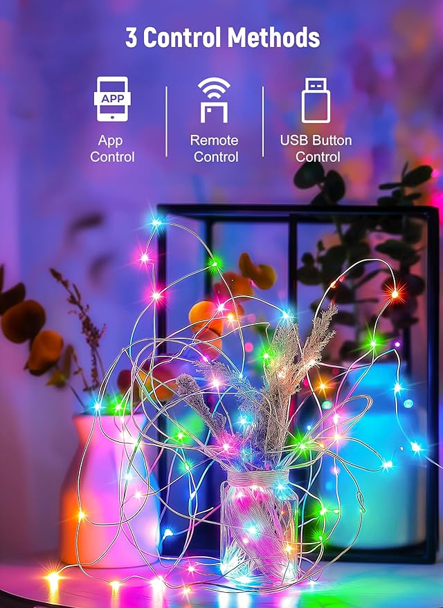 Smart Fairy Lights Plug in, 33FT 100LEDs USB Bluetooth Twinkle Lights with Timer and Remote, App Control Starry String Lights 8 Modes for Wreath Wedding Party Indoor Christmas Decoration, Multicolor