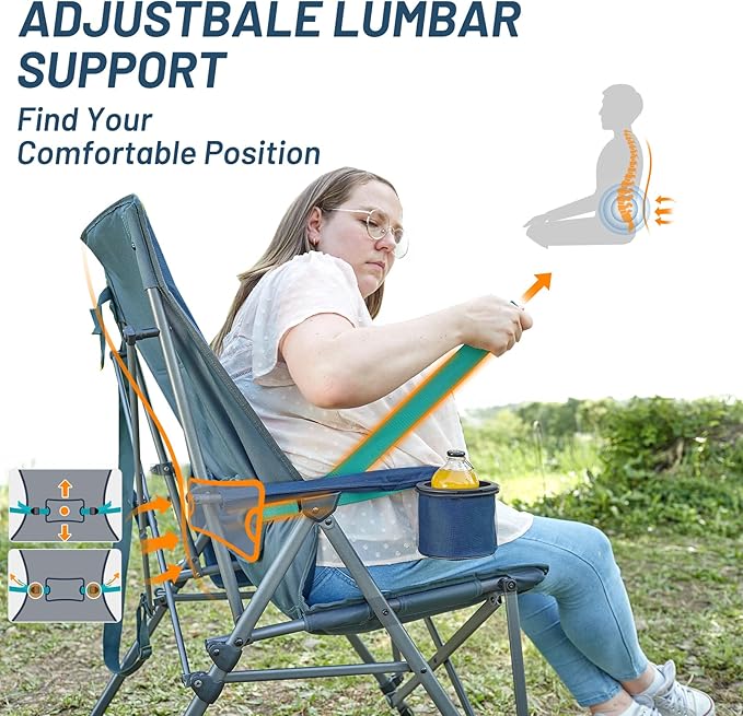 TIMBER RIDGE Oversized Camping Chair with Lumbar Support, Portable Folding Chair Heavy Duty for Adults Supports 450 LBS for Outdoor Camping, Lawn, with High Back, Cup Holder, Side Pocket - Blue