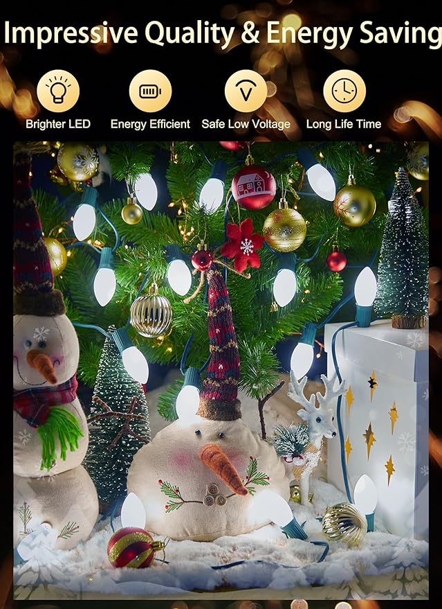 Vintage C9 LED Christmas Lights Outdoor, 50 Feet C9 String Lights with 50 Shatterproof Matte Bulbs, Connectable Waterproof Lights for Holiday Party Roofline Backyard Garden Patio, Pure White