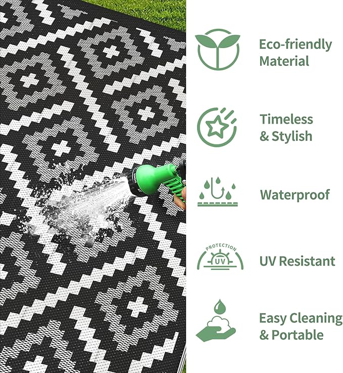 GENIMO Outdoor Rug for Patio Clearance, 6'x9' Waterproof Camping Mat, Reversible Plastic Straw Rugs for RV, Camper, Balcony, Backyard, Picnic, Deck (Mix Black White)