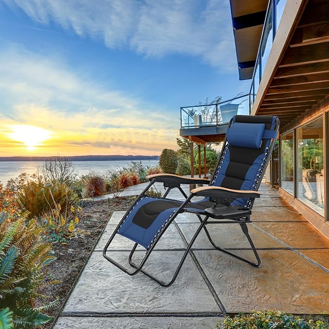 PHI VILLA XXL Oversized Padded Zero Gravity Chair, Foldable Patio Recliner, 30" Wide Seat Anti Gravity Lounger with Cup Holder, Support 400 LBS (Navy Blue)