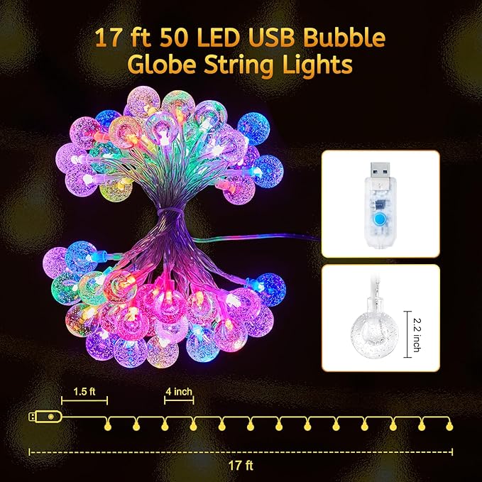 Minetom USB Globe String Lights - 17 ft 50 LED Color Changing Globe Fairy Lights with Remote and Timer, 16 Single Colors and 7 Modes Twinkle Lights for Bedroom Dorm Tent Bed Patio Christmas Party