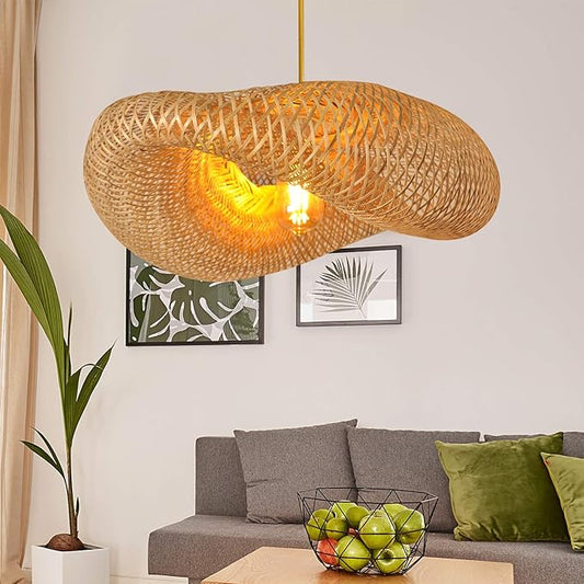 Woven Bamboo Pendant Lighting Fixtures, Bird Nest Lamp Shade Ceiling Hanging Light with Adjustable Cord for Living Room Dining Room Bar Café, Farmhouse Vintage Rustic Décor 22'', No Bulb