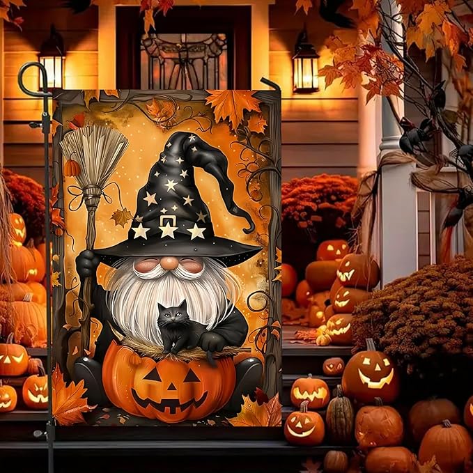 Halloween Garden Flag for Outside 12x18 Inch Double Sided, Gnome Pumpkin Small Yard Flags for Outside, Outdoor Welcome Flag Front Porch Decorations for Home