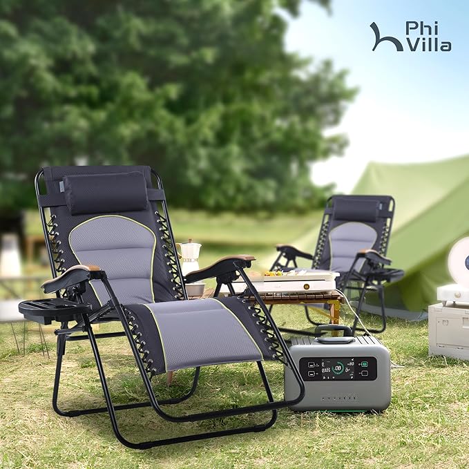 PHI VILLA XXL Oversized Padded Zero Gravity Chair, Foldable Patio Recliner, 30" Wide Seat Anti Gravity Lounger with Cup Holder, Set of 2, Support 400 LBS (Gray Accent)