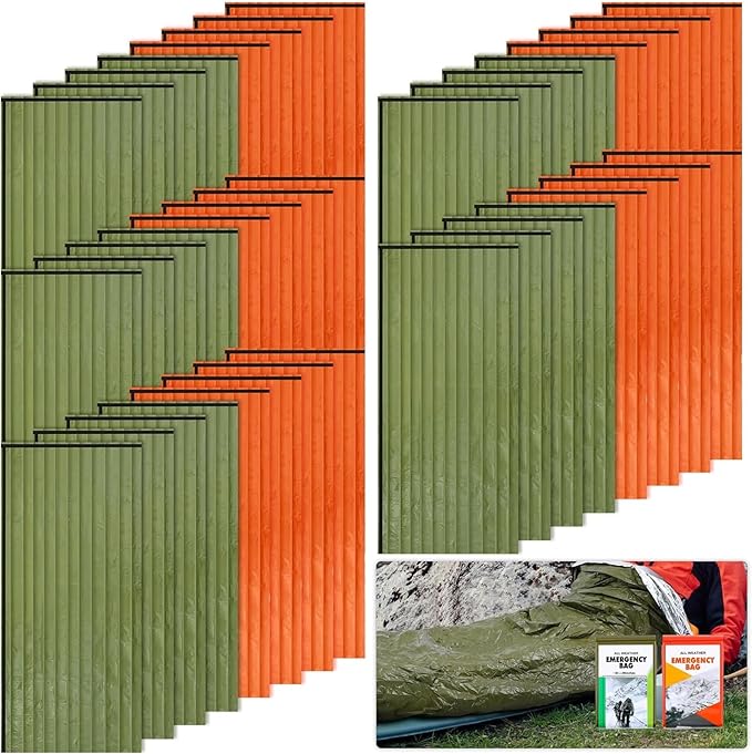 Preboun 70 Pcs Emergency Sleeping Bag Portable Lightweight Survival Bag Thermal Bivy Sack Waterproof Emergency Blanket Survival Gear for Outdoor Camping Hiking Homeless People Shelter (Orange,Green)
