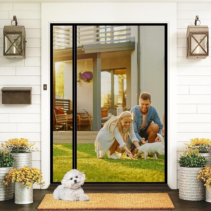 Fiberglass Magnetic Door Screen Fit Door Size 72 x 80 Inch, Sunmoxia Reversible Left or Right Side Opening Durable Reinforced Mesh Curtain, Heavy Duty Screen Door