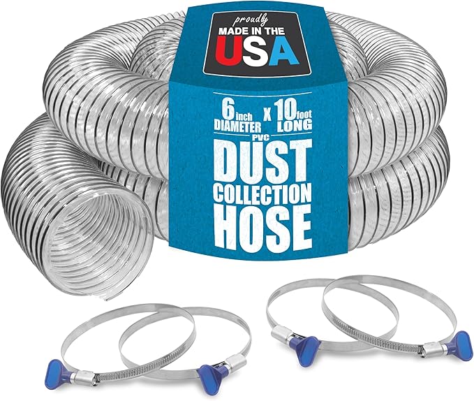 PVC Dust Collection Hose w/4 Thumbscrew Clamps, Puncture Resistant, Carbon Steel Wire, Clear Flexible PVC Dust Collector Hose, Proudly Made in USA (6" x 10')