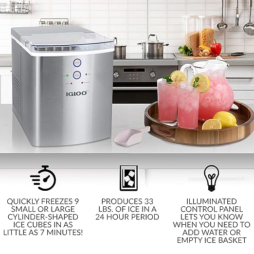 Igloo Electric Countertop Ice Maker Machine - Automatic and Portable - 33 Pounds in 24 Hours - Icecube Maker - Plastic Scoop and Basket - Ideal for Iced Coffee and Cocktails - Stainless Steel