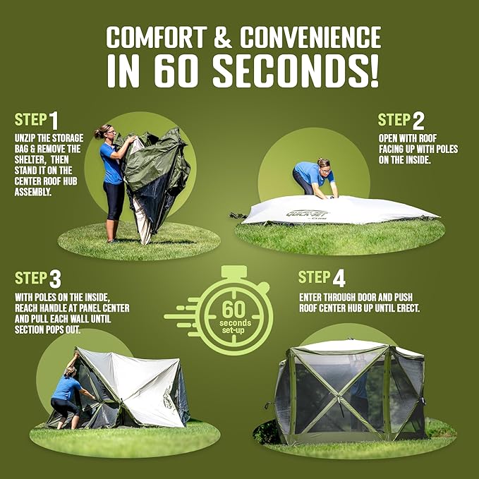 CLAM Pop Up Screen Tent, Outdoor Camping Gazebo Canopy, Pavilion, 12.5', Green/Tan - Heavy-Duty Portable Screened Shelter with Netting for Beach, Patio, and Backyard