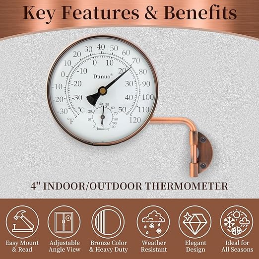 4" Brass Outdoor Thermometer, Indoor Thermometer for Room – Analog Wall-Mount Temperature Gauge with Humidity – Decorative for Patio, Garage, House, Greenhouse, Window, Antique Bronze