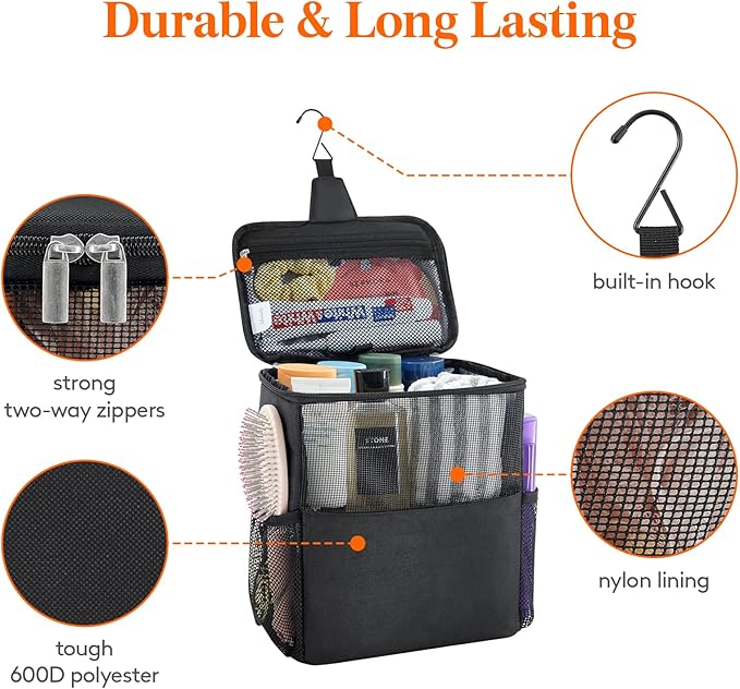 Lifewit Mesh Shower Caddy Bag Portable College Dorm Room Essentials Caddy Tote Basket for Bathroom, Gym, Travel, Camping Quick Dry Hanging Shower Organizer Toiletry Bag for Women Wen, Large, Black