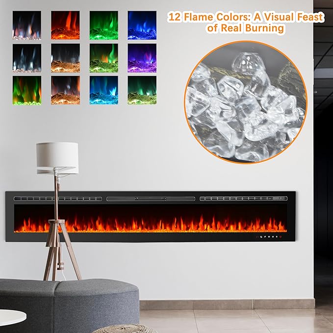 CharaVector 100 inch 750W/1500W Electric Fireplace Inserts with Remote Control in Wall Mounted, Energy Saving LED Insert Fireplace Heater Indoor Glass View with Remote Control & Touch Screen, Black