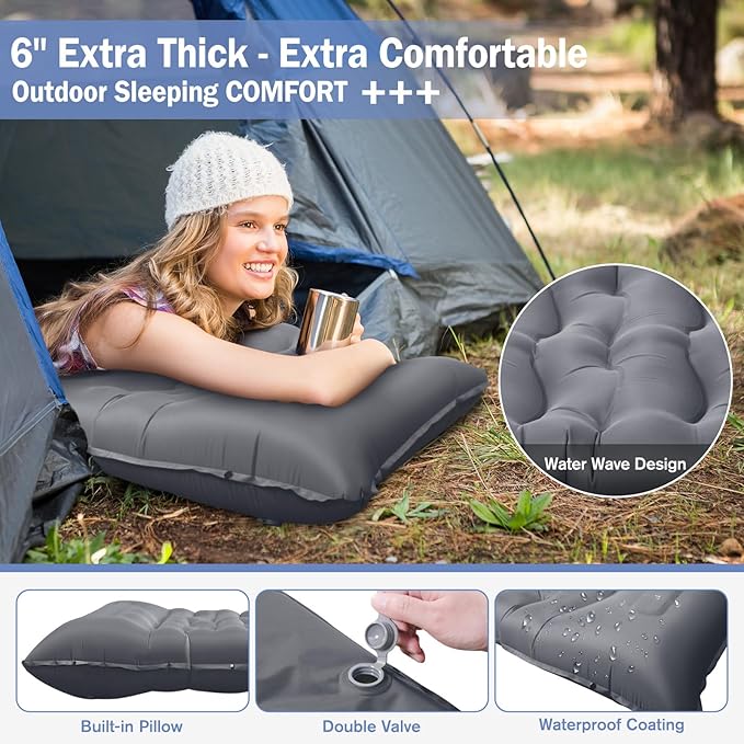 Sleeping Pad, 6" Extra Thick Camping Mat with Pillow Built-in Foot Pump, Ultra Comfortable Inflatable Sleeping Mat for Camping, Backpacking, Hiking, Camp Tent - Enjoy a Comfy Sleep