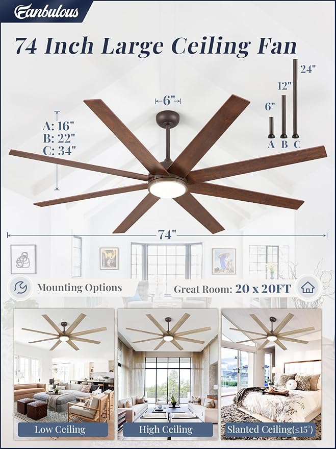 65 Inch Ceiling Fans with Lights and Remote, Walnut Indoor/Outdoor Ceiling Fan with Quiet Reversible DC Motor, 6 Speeds, 3CCT, 8 Blades Large Ceiling Fan for Living Room Bedroom Patio