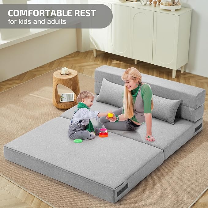 Folding Sofa Bed with Pillows- Convertible Chair Floor Couch & Sleeping Mattress, Foldable Memory Foam Sleeper for Living Room/Dorm/Guest Room/Home Office/Apartment/Loft, Full, Light Gray