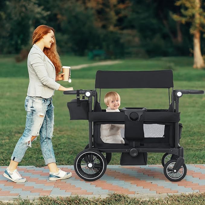 Wagon Stroller for 2 Kids, All-Terrain Stroller Wagon, Foldable Kids Wagon Cart Featuring with Harnesses, Adjustable Double Push Handle, Removable Canopy, Snack Tray, Large Storage Bag, Black