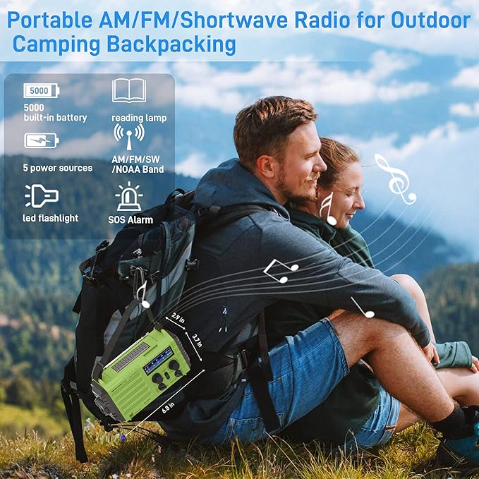 NOAA Weather Radio, Emergency Hand Crank Radio with Solar Charger, Portable Battery Operated AM FM Shortwave Radio with LED Flashlight, USB Charger, Earbud Jack, SOS Alert for Home Survival Hurricane